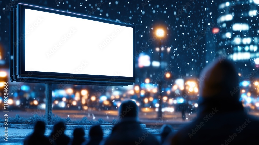 Winter night display billboards in urban environment snowy scene people watching city view advertising concept Winter night display billboards in urban environment snowy scene people watching city view advertising concept