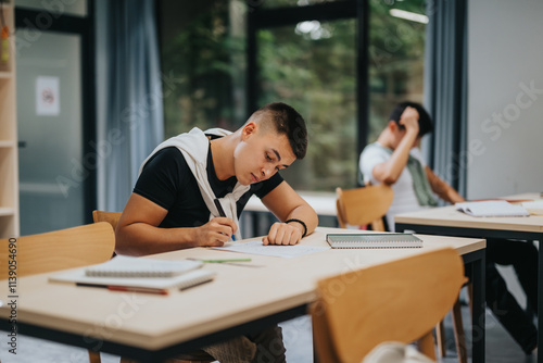 Students are deeply engaged in studying at their desks in a well-lit classroom, fostering concentration and learning. The serene environment encourages focus and productivity.