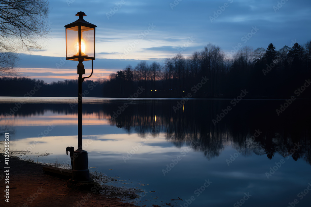 Serene Lakeside Evening With Glowing Lamp Post Serene Lakeside Evening With Glowing Lamp Post