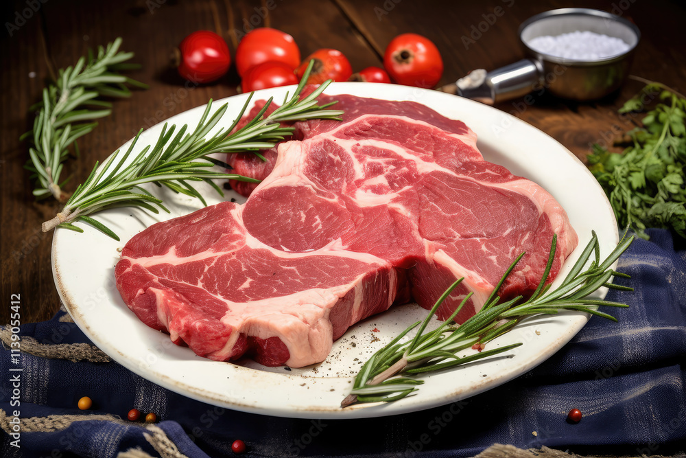 Fresh Raw Beef Steak Ready for Cooking with Herbs Fresh Raw Beef Steak Ready for Cooking with Herbs