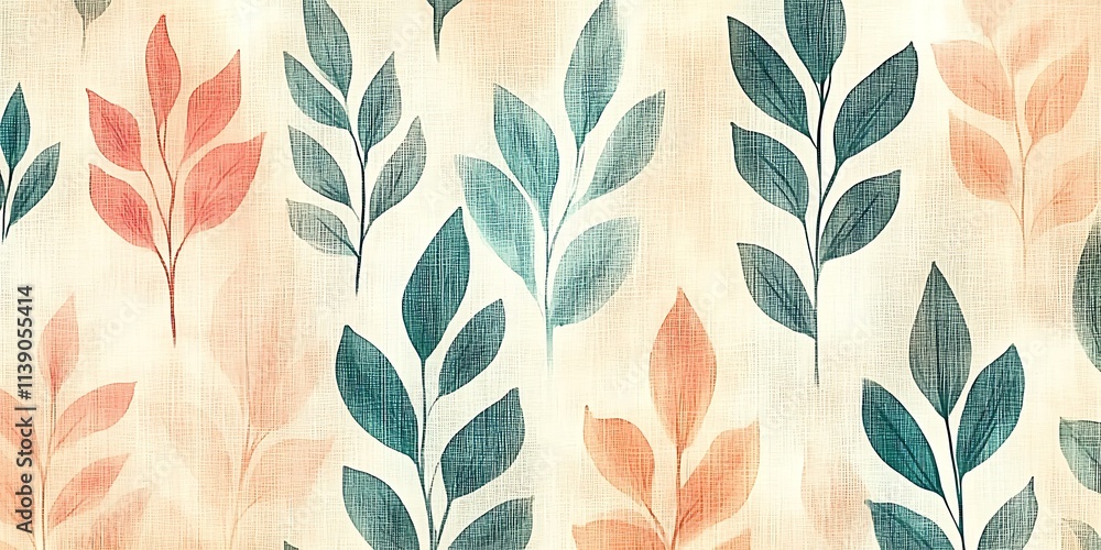 Pastel teal and coral leaf pattern on textured fabric background.