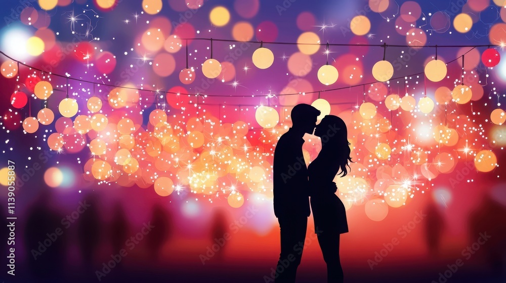 A romantic silhouette of a couple kissing against a vibrant background of colorful, glowing lights.