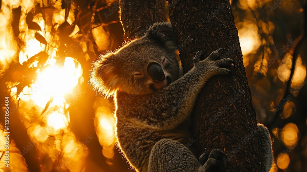 Koala hugging a tree trunk at sunset. Koala hugging a tree trunk at sunset.