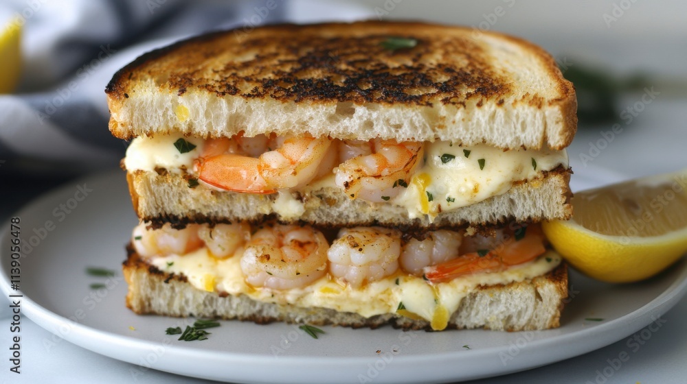 Deliciously Grilled Shrimp Sandwich with Creamy Butter Sauce Between Toasted Slices of Bread, Garnished with Fresh Herbs and Lemon Wedge for Flavor Deliciously Grilled Shrimp Sandwich with Creamy Butter Sauce Between Toasted Slices of Bread, Garnished with Fresh Herbs and Lemon Wedge for Flavor