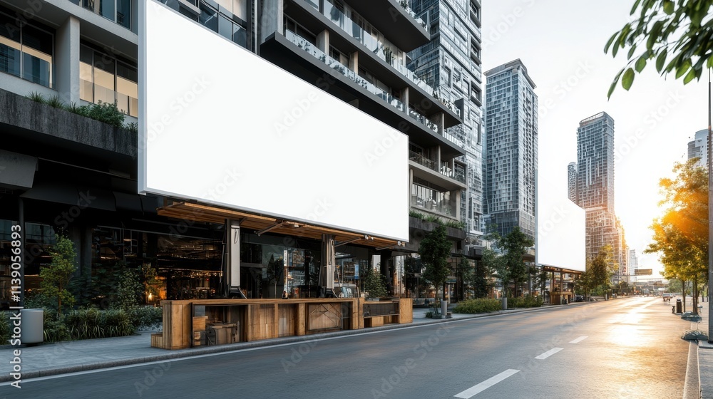 Obraz premium Urban street scene with empty billboards city center photography sunset eye-level marketing opportunities