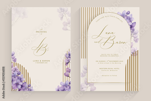 Modern Wedding Invitation with Lilac Flower Watercolor