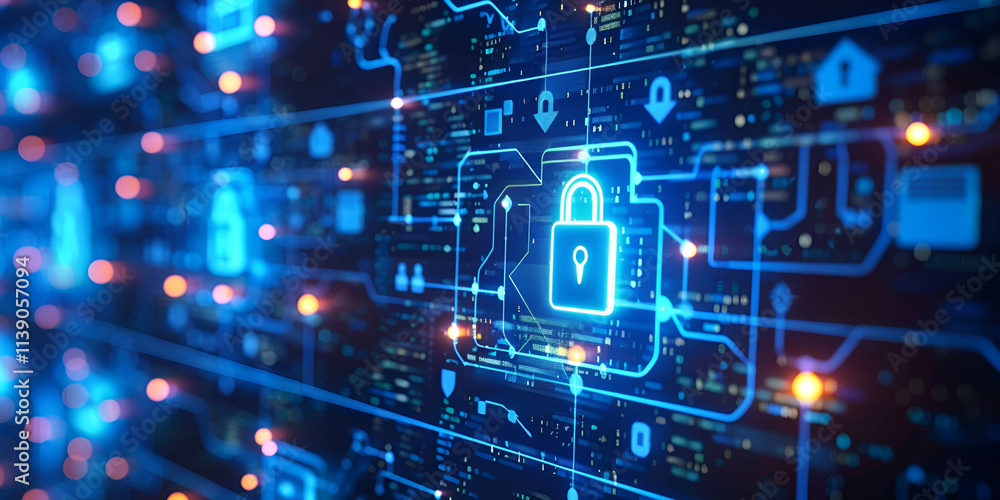 Cybersecurity concept with glowing padlock and digital circuits in blue tones, Secure digital technology background with lock symbol on virtual grid. Cybersecurity concept with glowing padlock and digital circuits in blue tones, Secure digital technology background with lock symbol on virtual grid.