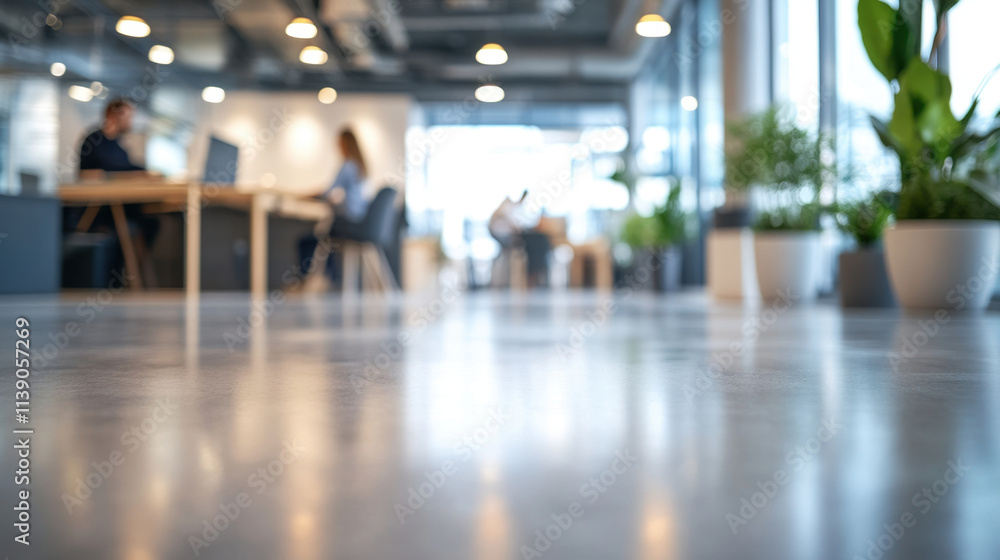 Fototapeta premium Modern office interior with blurred people working, showcasing vibrant workspace filled with plants and natural light, creating productive atmosphere