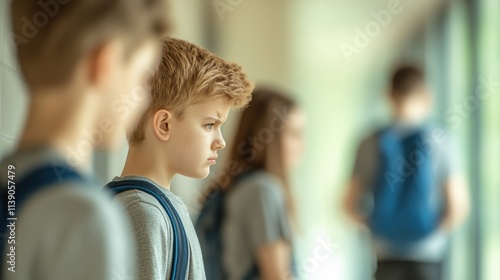 Children in thoughtful reflection school hallway emotional portrait bright environment side view childhood experiences