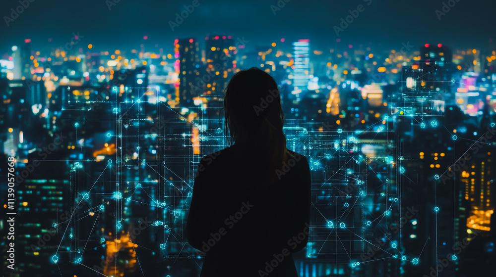 Abstract businesswoman stands on the peak of success Smart digital city with connection cyber security network reciprocity over the cityscape future wireless digital city and social media networking Abstract businesswoman stands on the peak of success Smart digital city with connection cyber security network reciprocity over the cityscape future wireless digital city and social media networking