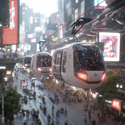Futuristic Urban Cityscape Featuring Aerial Tram System At Dusk