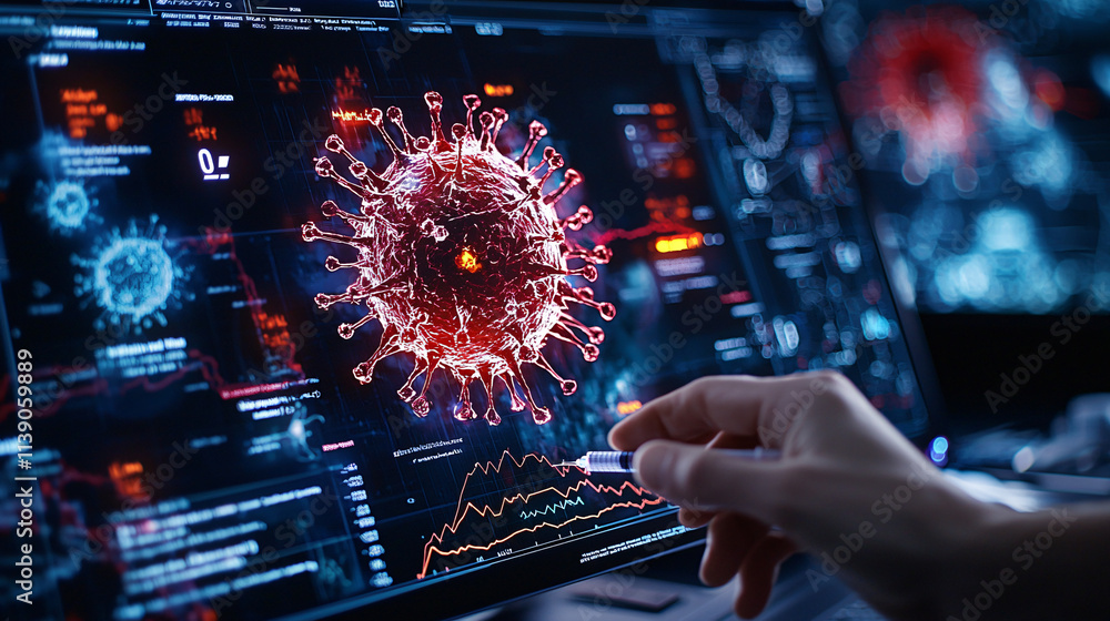 digital interface displaying global health dashboard with virus visualization, showcasing data analytics and health metrics. image conveys urgency and technological advancement digital interface displaying global health dashboard with virus visualization, showcasing data analytics and health metrics. image conveys urgency and technological advancement