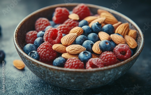 A closeup of fresh raspberries, blueberries, and almonds in a rustic bowl, placed on a dark background, healthy snack concept, ultra HD detailing