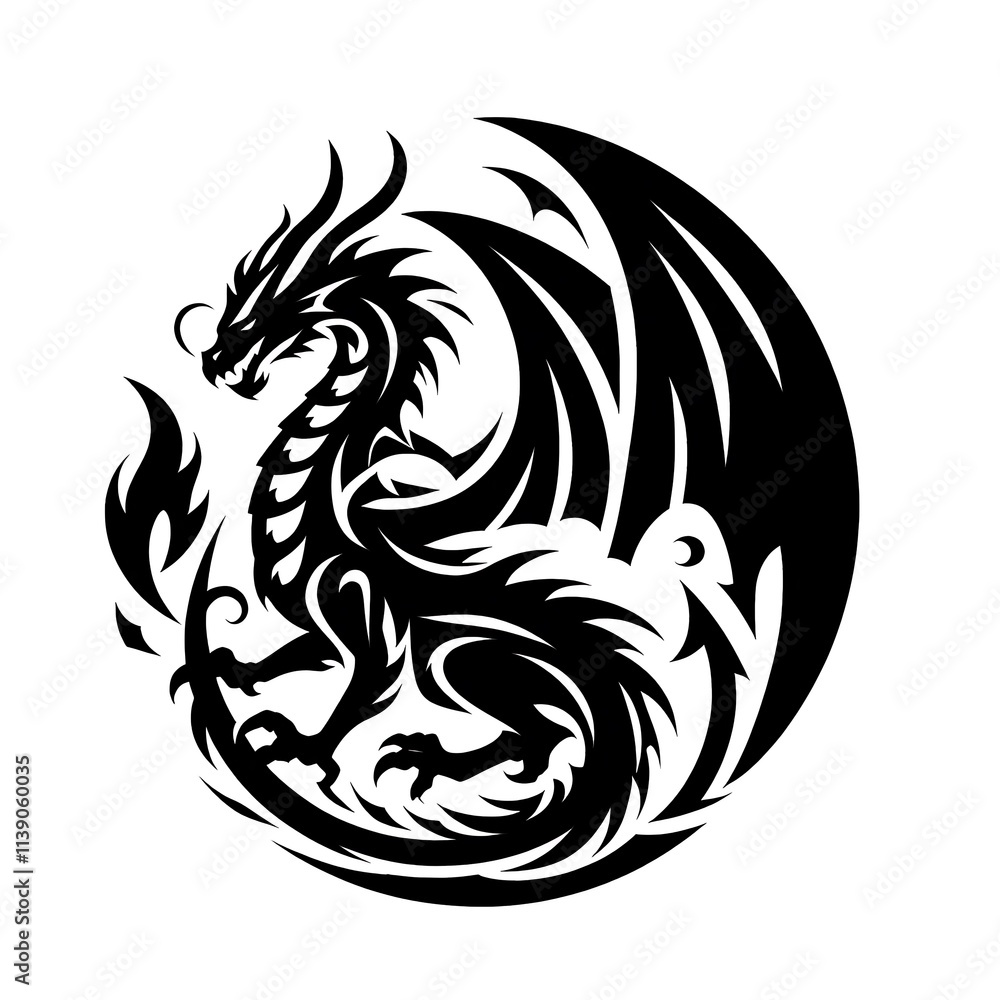 dragon Vector Illustration, dragon tattoo vector, Dragon silhouette vector black and white dragon Vector Illustration, dragon tattoo vector, Dragon silhouette vector black and white