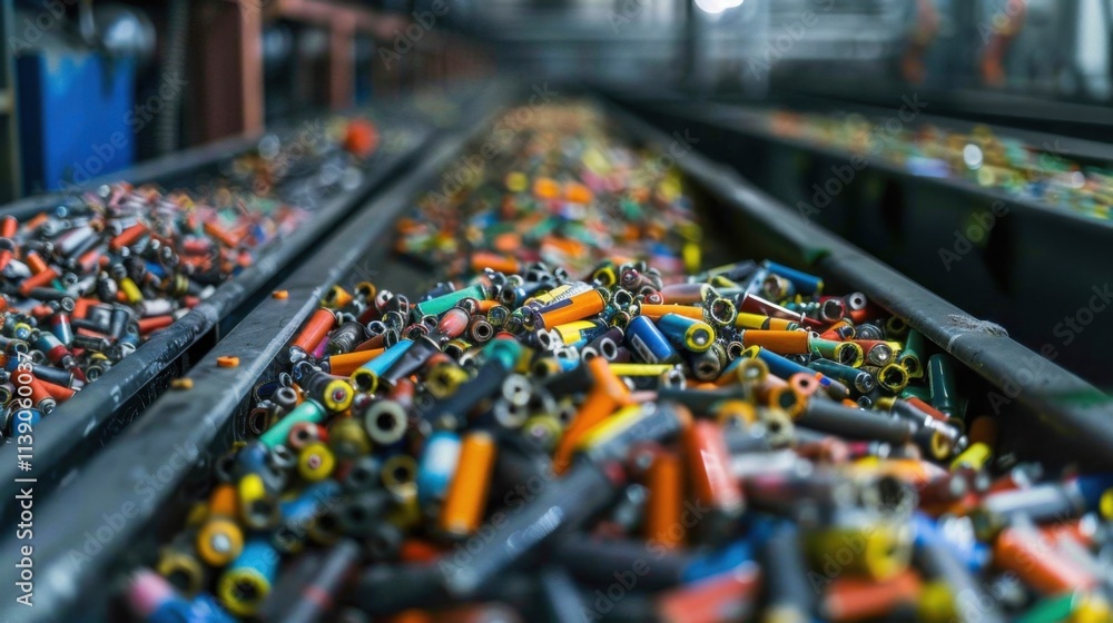 Obraz premium Battery Recycling Plant: A facility that processes old batteries, recovering valuable metals for reuse, reducing waste and promoting eco-friendly practices in manufacturing. 