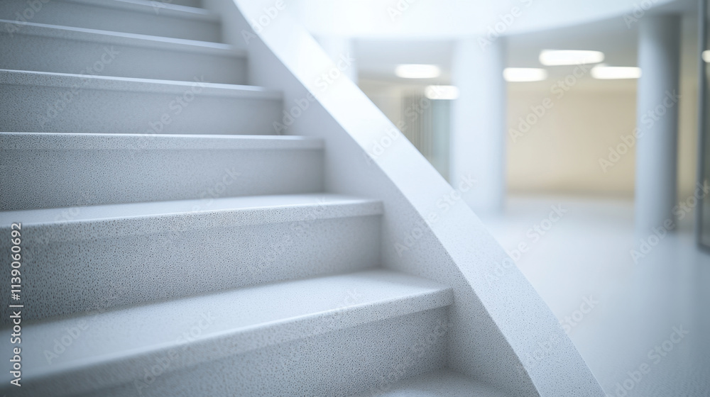 Close up of smooth white stairs in modern office environment, showcasing minimalist design and clean lines that evoke sense of tranquility and professionalism Close up of smooth white stairs in modern office environment, showcasing minimalist design and clean lines that evoke sense of tranquility and professionalism