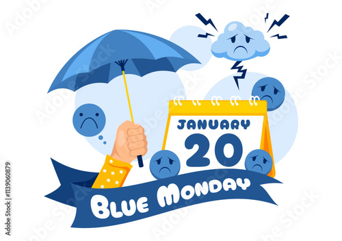 Blue Monday Illustration Depicting Sadness and Mental Health Influenced by Weather and certain circumstances in a Flat Style Cartoon Background