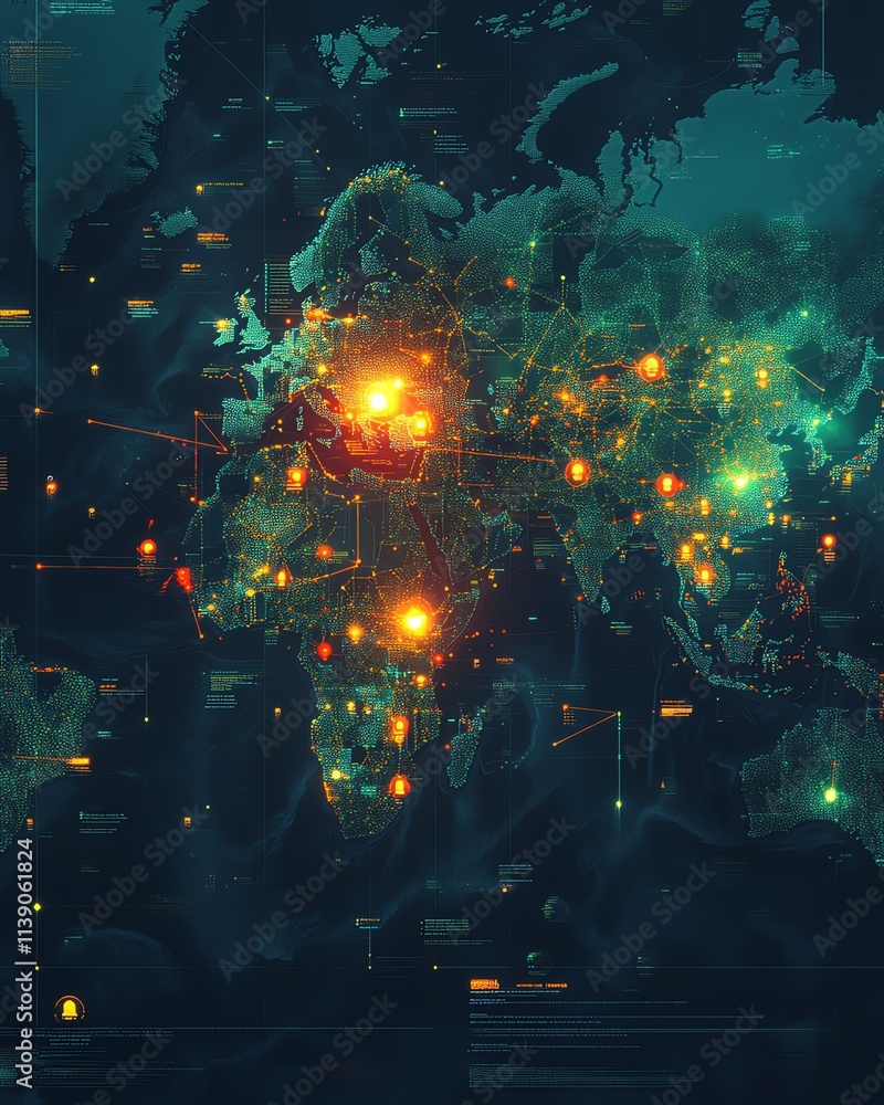 Fototapeta premium A global map displaying crowdsourced environmental monitoring data, highlighting climate movement achievements, vibrant colorcoded markers, highresolution, 4K quality