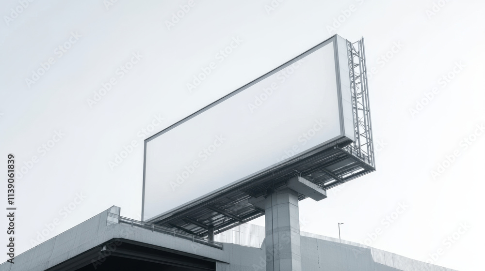 Empty billboard on building rooftop against clear sky, ideal for advertising. structure is modern and minimalistic, providing blank canvas for creative designs Empty billboard on building rooftop against clear sky, ideal for advertising. structure is modern and minimalistic, providing blank canvas for creative designs