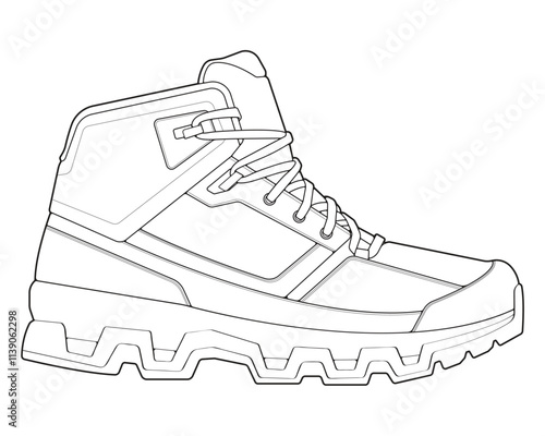 Hiking boots illustration. Outline vector boots. Side view hiking boots isolated with white background.