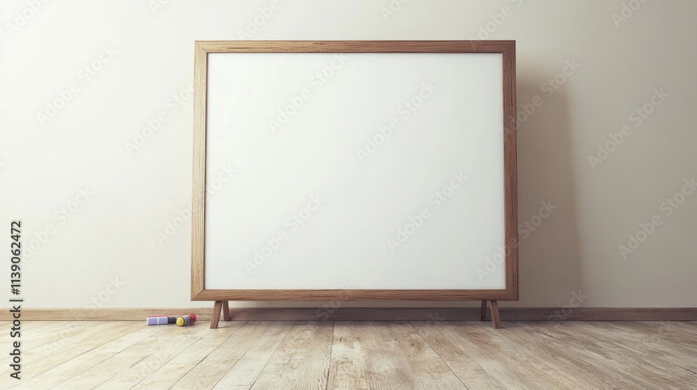 blank whiteboard with wooden frame positioned against wall, showcasing minimalist design. floor is wooden, and tube of paint lies nearby, adding creative touch blank whiteboard with wooden frame positioned against wall, showcasing minimalist design. floor is wooden, and tube of paint lies nearby, adding creative touch