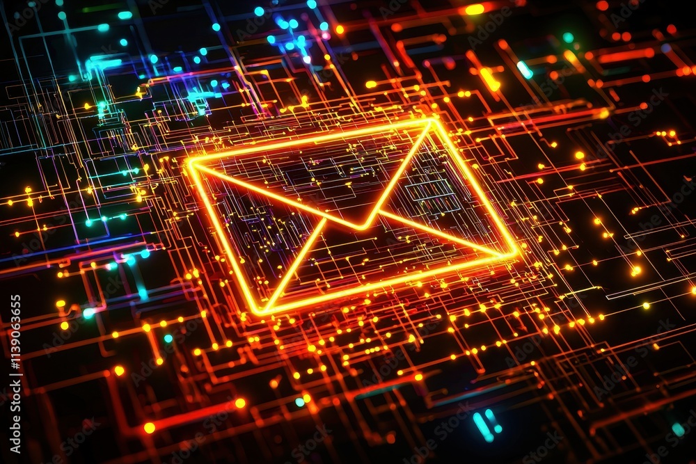 Glowing Email Icon Surrounded by Colorful Circuitry and Digital Network Connections Glowing Email Icon Surrounded by Colorful Circuitry and Digital Network Connections