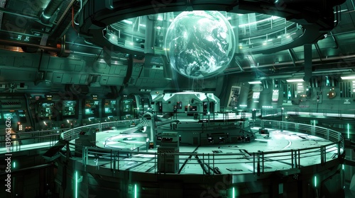 Futuristic Control Room with Holographic Globe