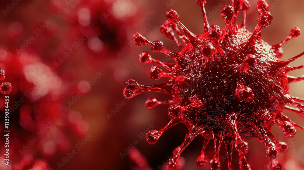 Microscopic view of red virus, showcasing its intricate structure and spikes. This detailed image highlights complexity of viral forms, evoking curiosity and concern Microscopic view of red virus, showcasing its intricate structure and spikes. This detailed image highlights complexity of viral forms, evoking curiosity and concern