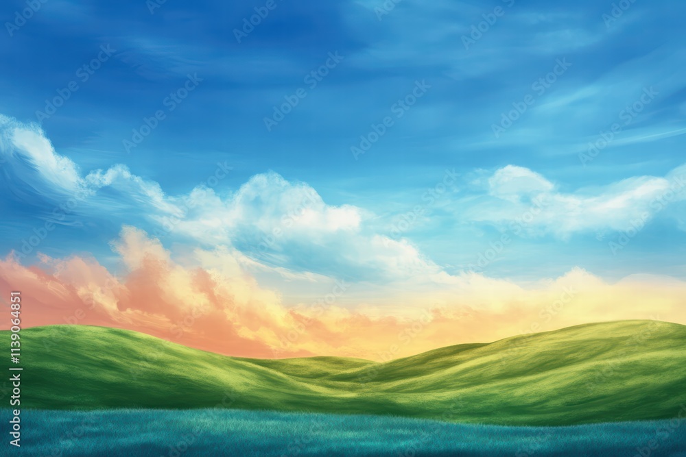 Serene Landscape with Rolling Hills and Colorful Sky at Sunset Serene Landscape with Rolling Hills and Colorful Sky at Sunset