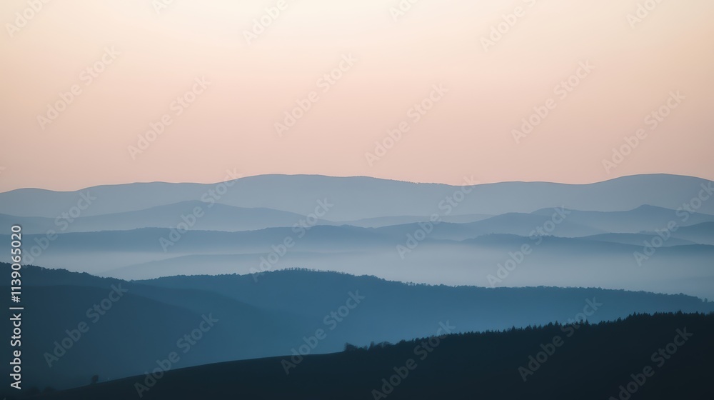 Serene Sunrise Over Rolling Hills with Soft Misty Landscape View Serene Sunrise Over Rolling Hills with Soft Misty Landscape View