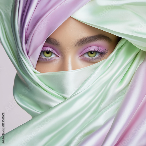 The mysterious green eyes of a woman in a light mint-lilac fabric with an emerald look and lilac eyeshadow create an atmosphere of mystery, beauty and oriental style. photo