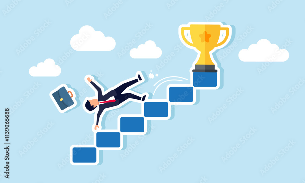 A businessman falls from a ladder leading to a trophy, illustration of failure in the attempt to make a leading company A businessman falls from a ladder leading to a trophy, illustration of failure in the attempt to make a leading company