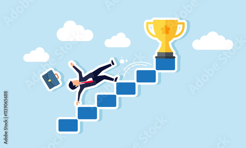 A businessman falls from a ladder leading to a trophy, illustration of failure in the attempt to make a leading company