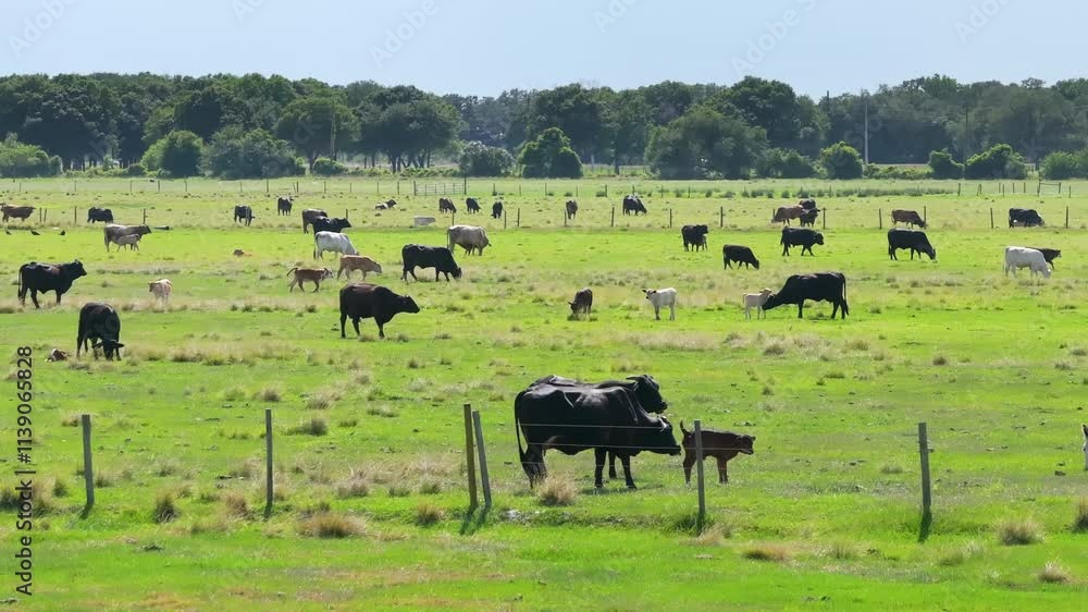 Organic milk and beef production. Free range cows grazing on green farm pasture. Feeding of cattle on farmland grassland Organic milk and beef production. Free range cows grazing on green farm pasture. Feeding of cattle on farmland grassland