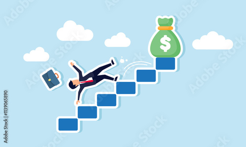 A businessman falls from a ladder leading to a sack of money, illustration of failure in the attempt to gain business profits