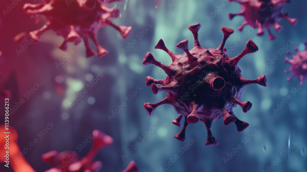 close up view of virus, showcasing its intricate structure and spikes, set against colorful background. This highlights complexity of viral forms and their significance in health close up view of virus, showcasing its intricate structure and spikes, set against colorful background. This highlights complexity of viral forms and their significance in health