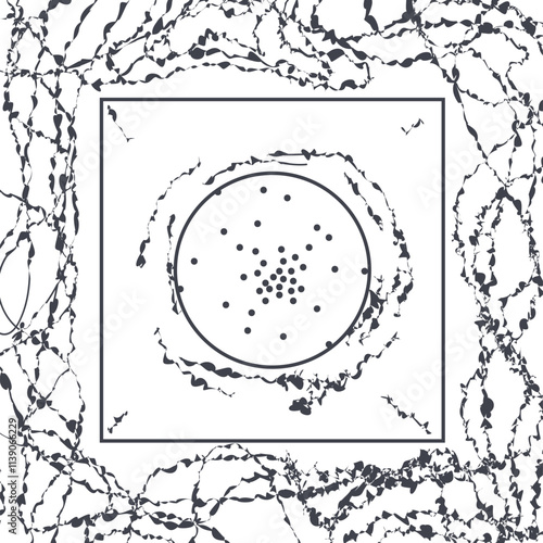 Abstract texture consists of a circle inside a square and distorted wire with dots.