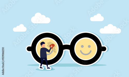 A businessman cleans glasses showing a happy emoticon on the lenses with a cloth, illustration of maintaining vision in observing strategies to increase market engagement