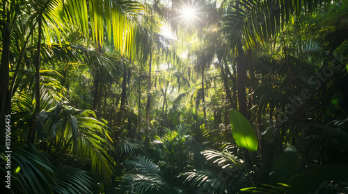 Fototapeta Naklejka Na Ścianę i Meble -  Panorama of dense jungle wild forest with palm trees, Puerto Rico, rain forest, tropical mountain range 