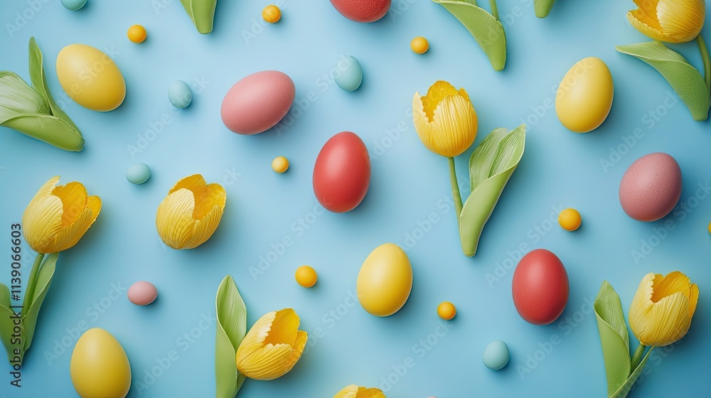 Colorful Easter eggs with yellow tulips on a blue table, top-down perspective for a cheerful holiday design Colorful Easter eggs with yellow tulips on a blue table, top-down perspective for a cheerful holiday design