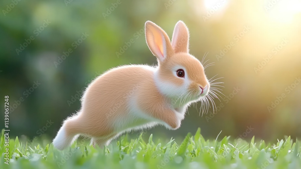 Fototapeta premium A cute rabbit hopping through green grass in sunlight.