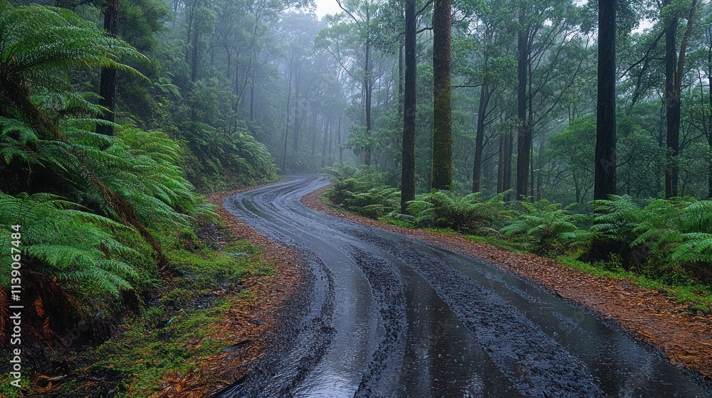 Obraz premium Wet, winding road cuts through lush, misty forest.