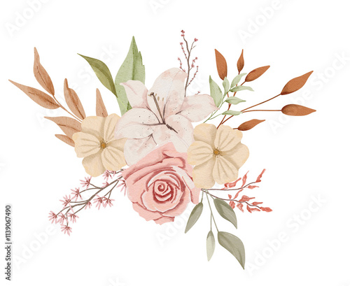 Watercolor Rose and Lily Flowers Illustration