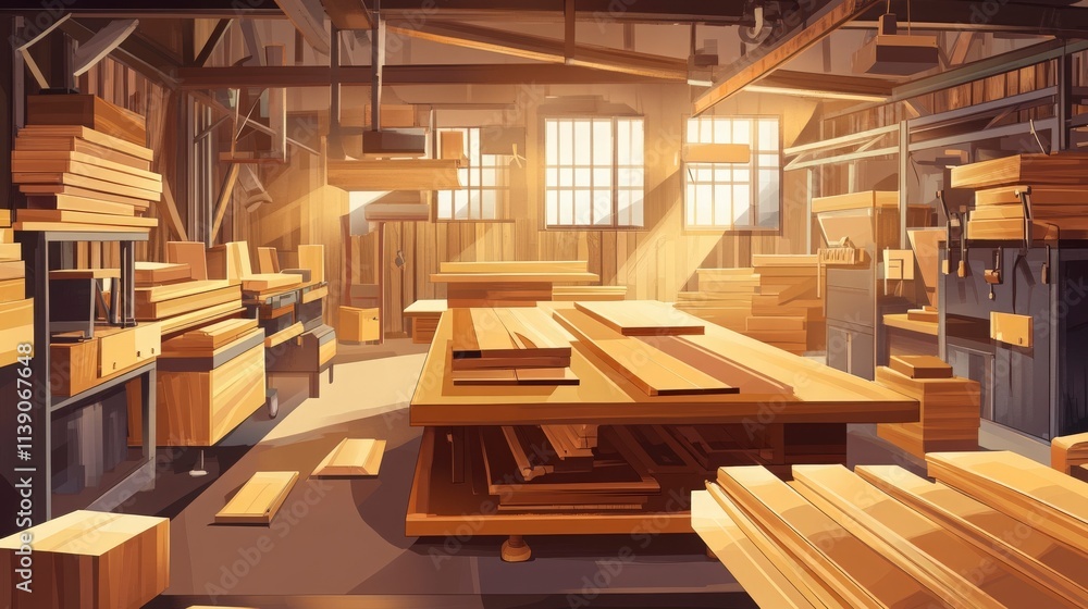 Obraz premium Bright and Inviting Wooden Workshop Interior with Sunlight Streaming Through Windows, Showcasing Wooden Planks and Carpentry Tools for Creative Projects