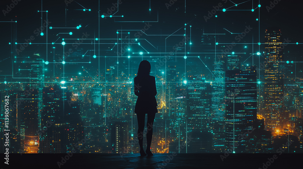 Abstract businesswoman stands on the peak of success Smart digital city with connection cyber security network reciprocity over the cityscape future wireless digital city and social media networking Abstract businesswoman stands on the peak of success Smart digital city with connection cyber security network reciprocity over the cityscape future wireless digital city and social media networking
