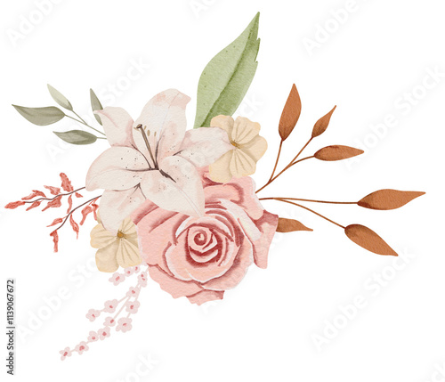 Watercolor Rose and Lily Flowers Illustration