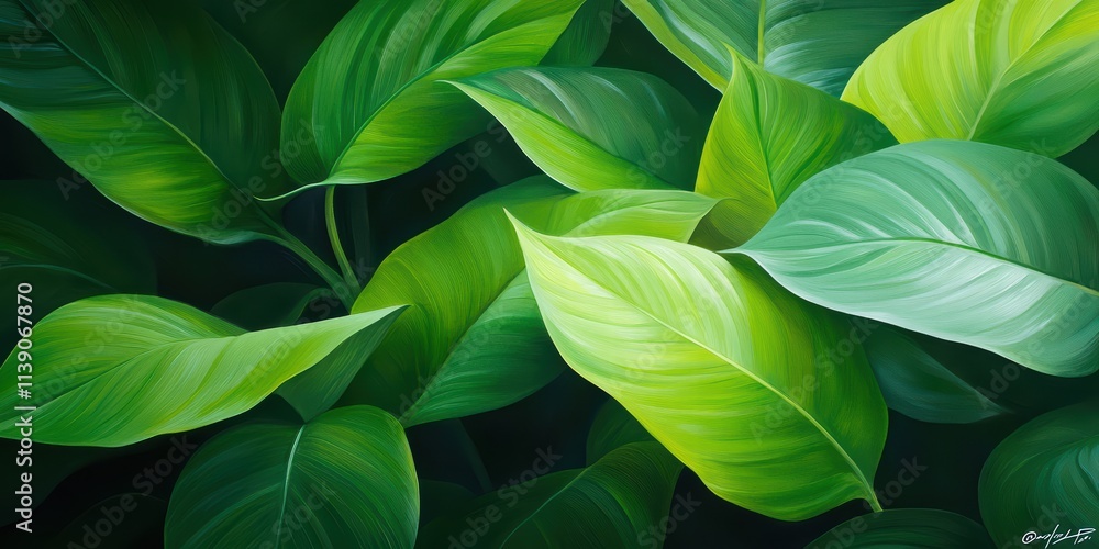 Vibrant Green Leaves with Varying Textures and Shades in Nature Vibrant Green Leaves with Varying Textures and Shades in Nature