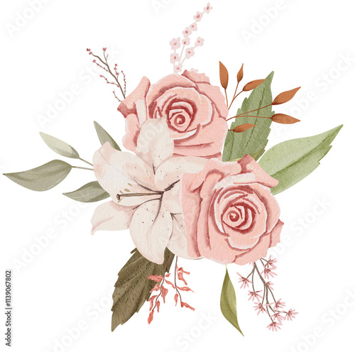 Watercolor Rose and Lily Flowers Illustration