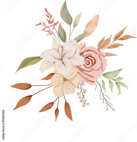 Watercolor Rose and Lily Flowers Illustration