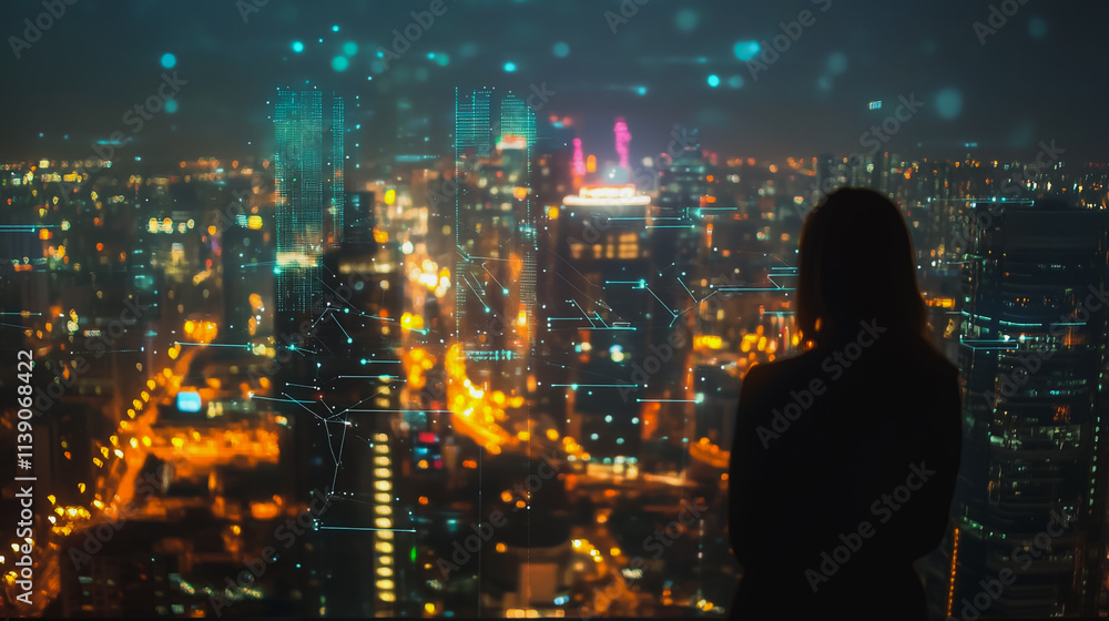 Abstract businesswoman stands on the peak of success Smart digital city with connection cyber security network reciprocity over the cityscape future wireless digital city and social media networking Abstract businesswoman stands on the peak of success Smart digital city with connection cyber security network reciprocity over the cityscape future wireless digital city and social media networking